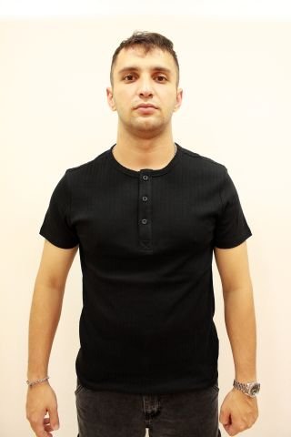 Caz 4270 Kendinden Dokulu Düğmeli Patlı Yaka Erkek T-Shirt Siyah