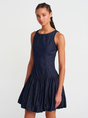 Dilvin 90548 Balon Mini Denim Elbise-Lacivert