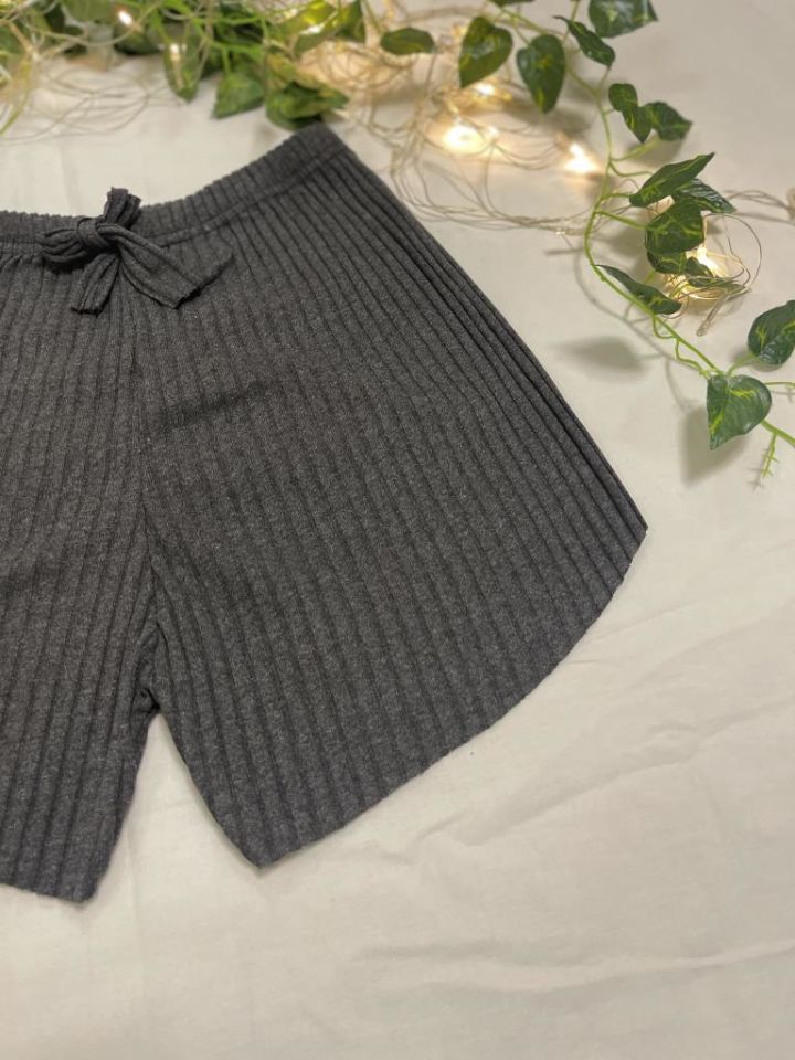 %100 Pamuk Kadın Fitilli Çizgili İnce Şort MF.Antrasit - L
