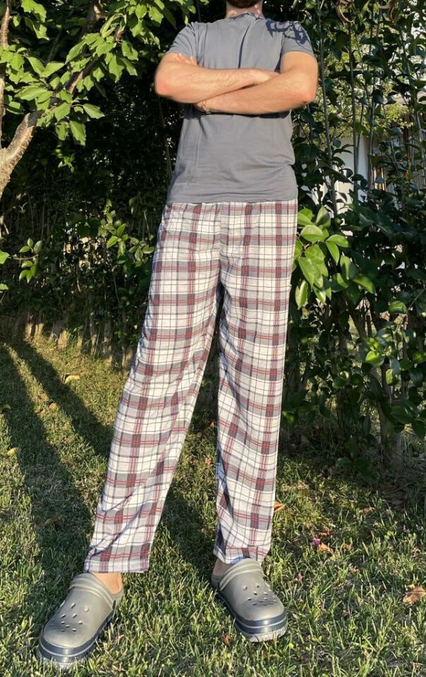 Erkek %100 Pamuk Cepsiz Beli Lastikli Pijama Altı Eşofman Açık Gri Kare - L