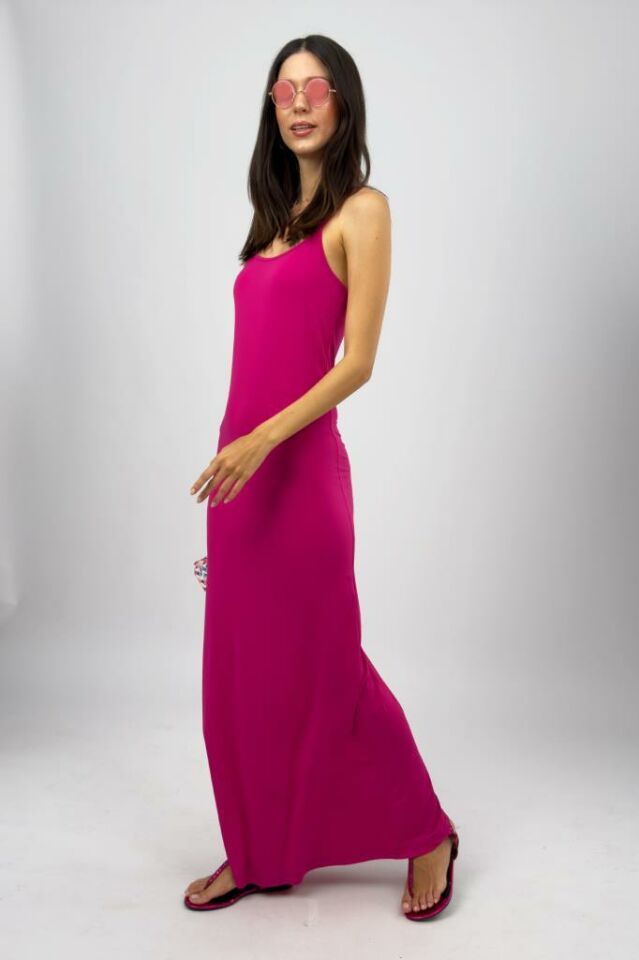Kadın Maxi Sandy Kumaş İp Askılı Düz Renk Fitted/Vücuda Oturan Dar Esnek Rahat Saran Uzun Elbise PEMBE - 3XL