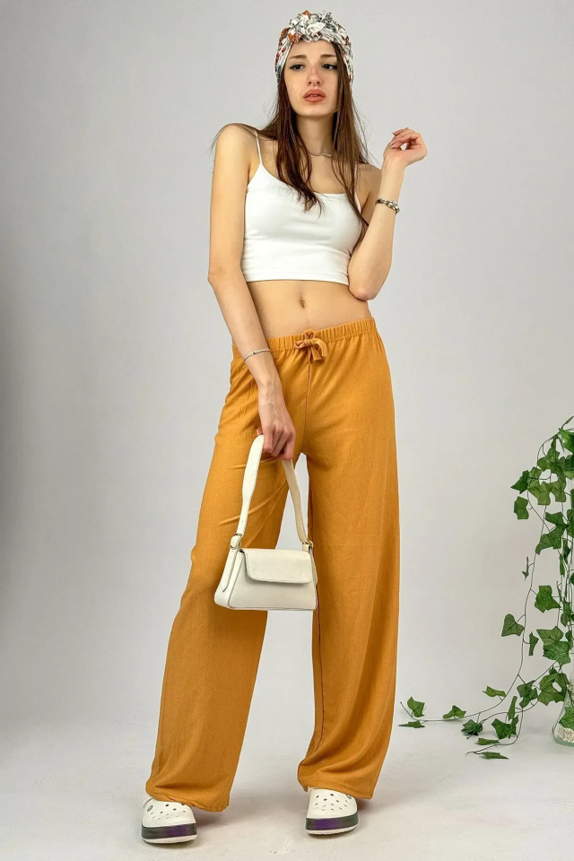 Betimoda Kadın Beli Lastikli Bol Paça Oversize Bürümcük Kumaş Uzun Pantolon Hardal - M