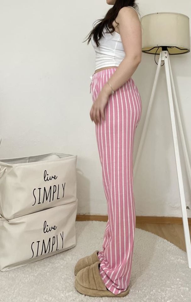 Betimoda Kadın Pijama Altı Kurdeleli Pembe Çizgili - L