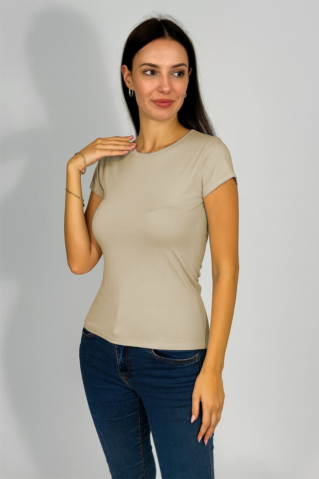 Kadın Kısa Kollu Bisiklet Yaka Body BEJ - 2XL/3XL