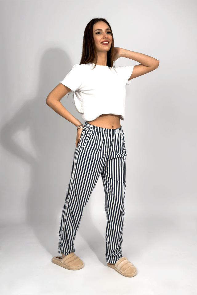 Kadın Cepli Pamuklu Lastikli Bel Kurdeleli Desenli Pijama Altı Lacivert Çizgili - S