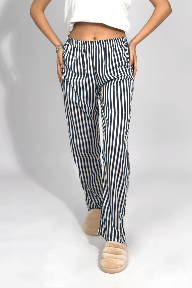 Kadın Cepli Pamuklu Lastikli Bel Kurdeleli Desenli Pijama Altı Lacivert Çizgili - S