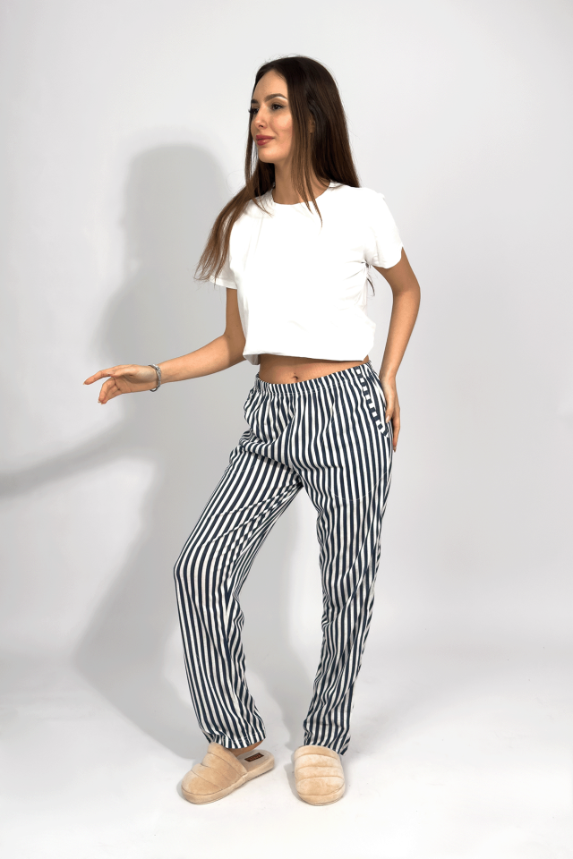 Kadın Cepli Pamuklu Lastikli Bel Kurdeleli Desenli Pijama Altı Lacivert Çizgili - S