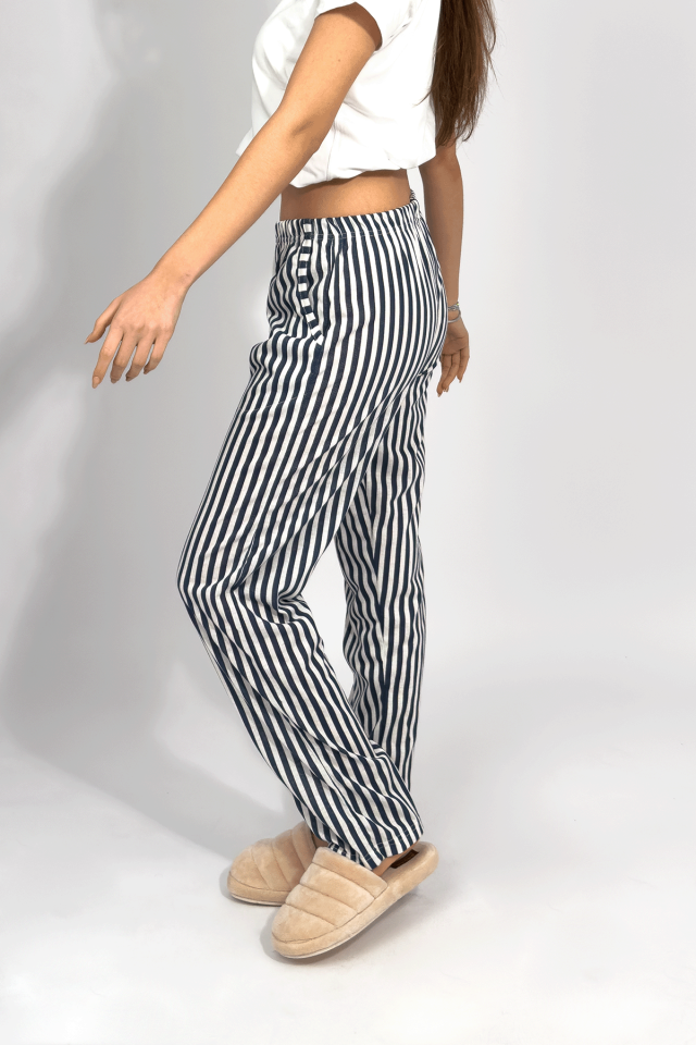 Kadın Cepli Pamuklu Lastikli Bel Kurdeleli Desenli Pijama Altı Lacivert Çizgili - S