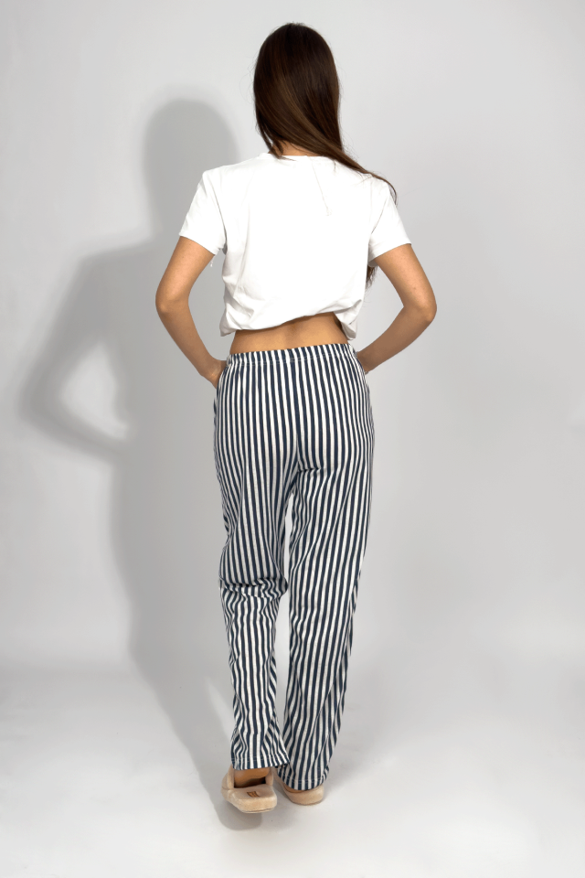 Kadın Cepli Pamuklu Lastikli Bel Kurdeleli Desenli Pijama Altı Lacivert Çizgili - S