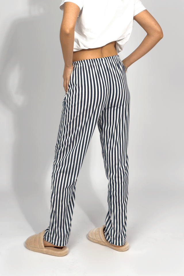 Kadın Cepli Pamuklu Lastikli Bel Kurdeleli Desenli Pijama Altı Lacivert Çizgili - S