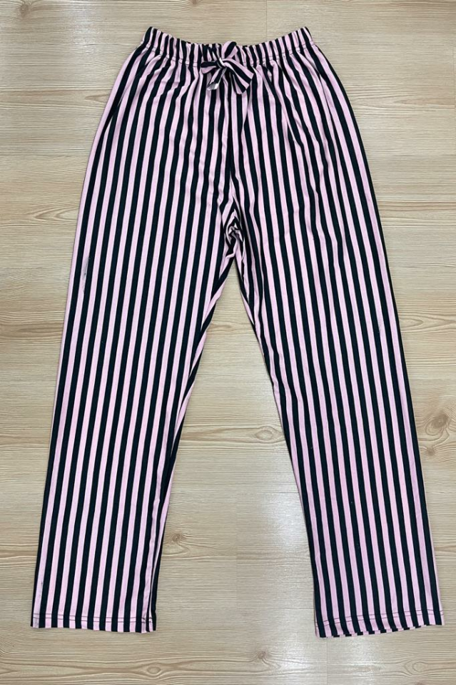 Kadın Kadife Pijama Altı Eşofman Pamuklu 4XL - Pembe Siyah Çizgili