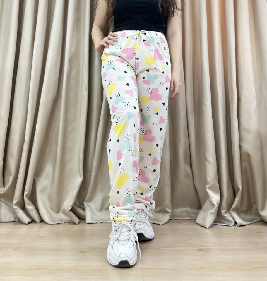 Kadın %100 Pamuk Nefes Alan Kumaş Lastikli Bel Desenli Baskılı Pijama Altı XL - Ekru Kalp