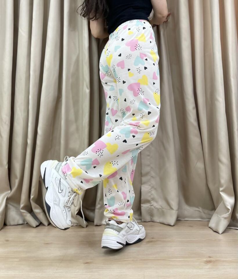 Kadın %100 Pamuk Nefes Alan Kumaş Lastikli Bel Desenli Baskılı Pijama Altı XL - Ekru Kalp