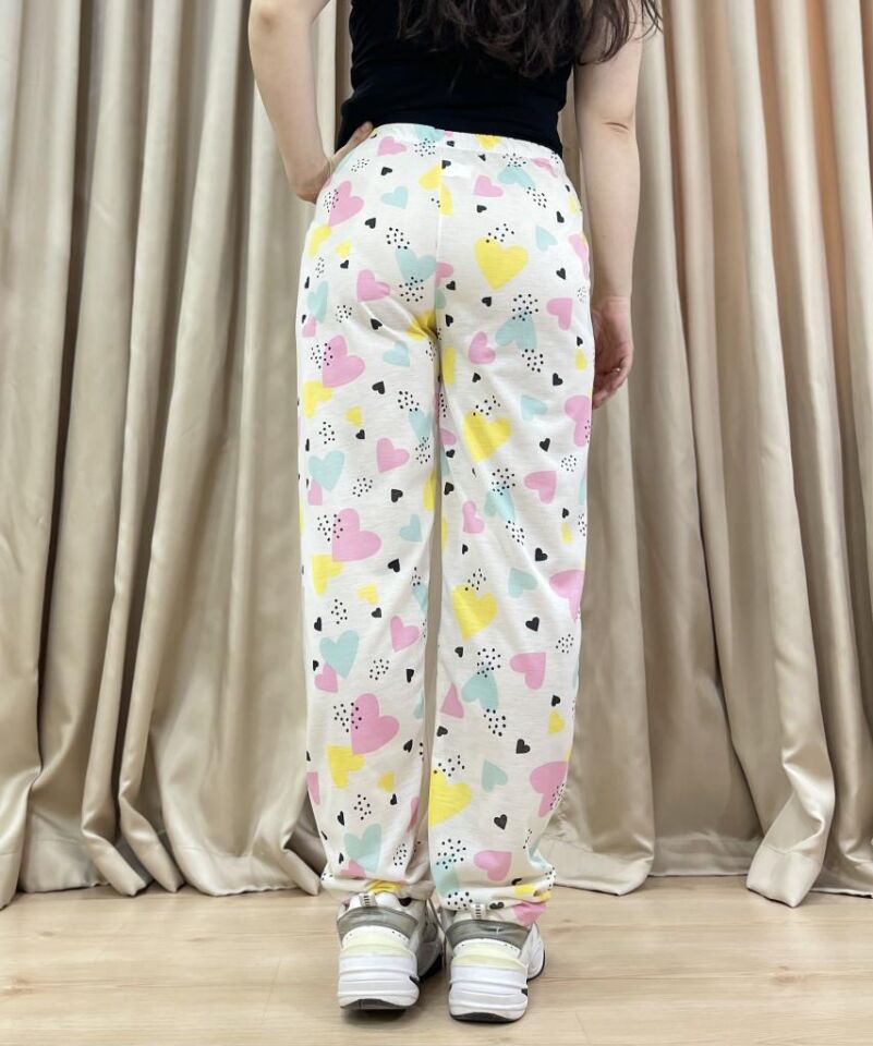 Kadın %100 Pamuk Nefes Alan Kumaş Lastikli Bel Desenli Baskılı Pijama Altı XL - Ekru Kalp
