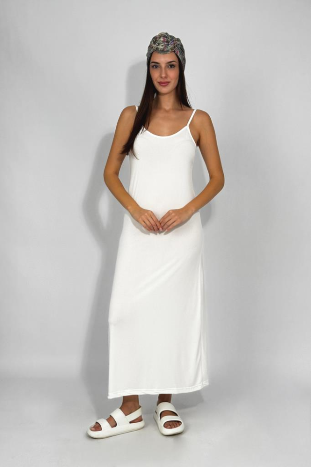Kadın Maxi Sandy Kumaş İp Askılı Düz Renk Fitted/Vücuda Oturan Dar Esnek Rahat Saran Uzun Elbise EKRU - M