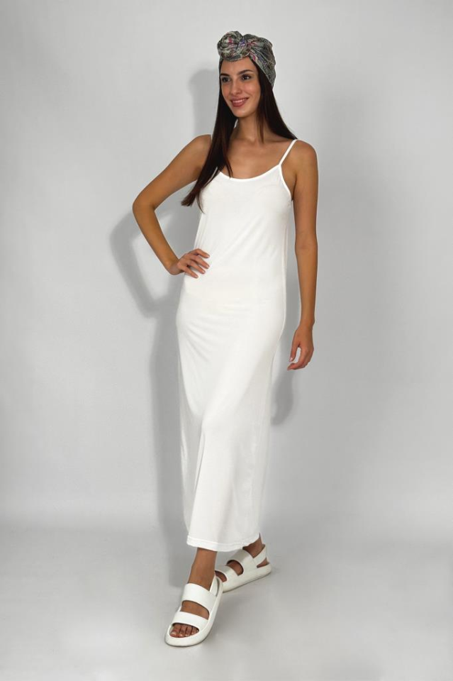 Kadın Maxi Sandy Kumaş İp Askılı Düz Renk Fitted/Vücuda Oturan Dar Esnek Rahat Saran Uzun Elbise EKRU - M