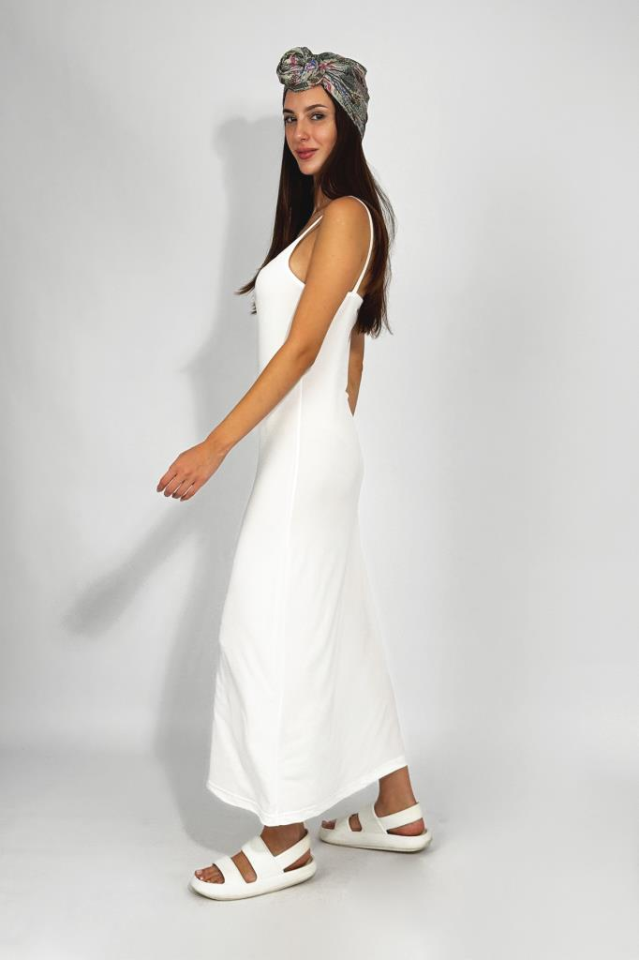 Kadın Maxi Sandy Kumaş İp Askılı Düz Renk Fitted/Vücuda Oturan Dar Esnek Rahat Saran Uzun Elbise EKRU - M