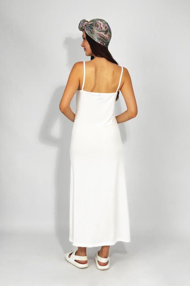 Kadın Maxi Sandy Kumaş İp Askılı Düz Renk Fitted/Vücuda Oturan Dar Esnek Rahat Saran Uzun Elbise EKRU - M