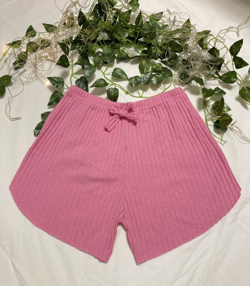 %100 Pamuk Kadın Fitilli Çizgili İnce Şort MF.Pembe - XL