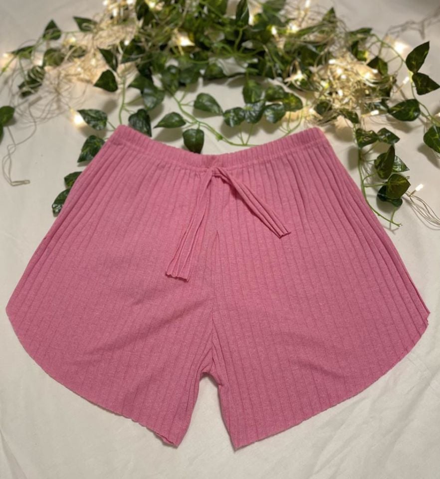 %100 Pamuk Kadın Fitilli Çizgili İnce Şort MF.Pembe - XL