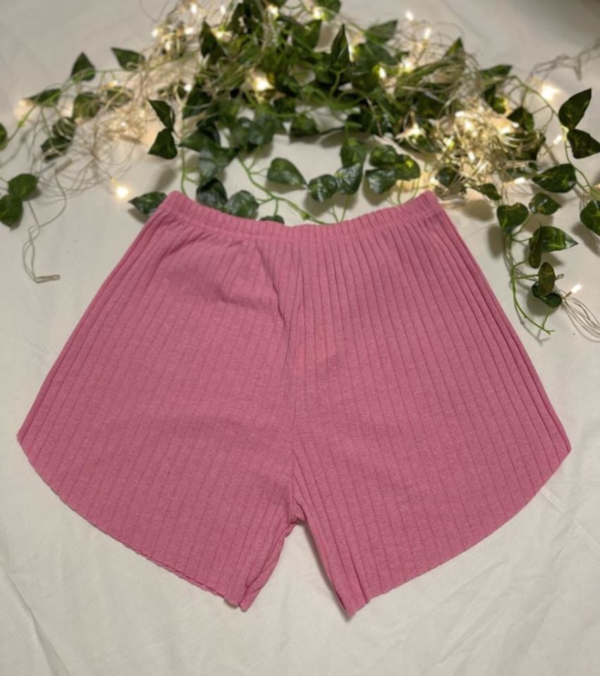 %100 Pamuk Kadın Fitilli Çizgili İnce Şort MF.Pembe - XL