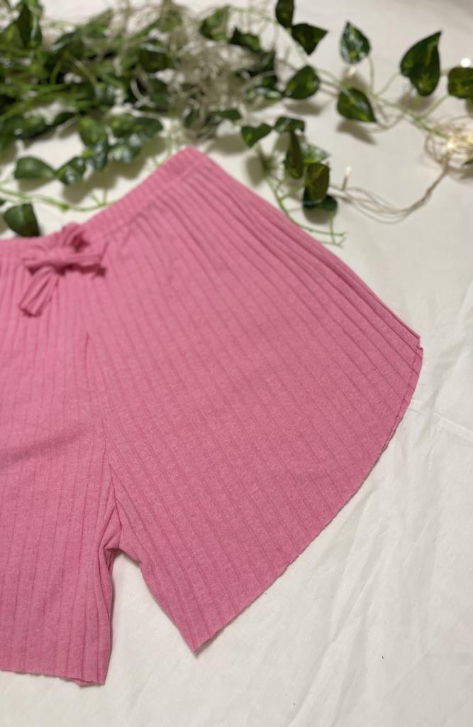 %100 Pamuk Kadın Fitilli Çizgili İnce Şort MF.Pembe - XL