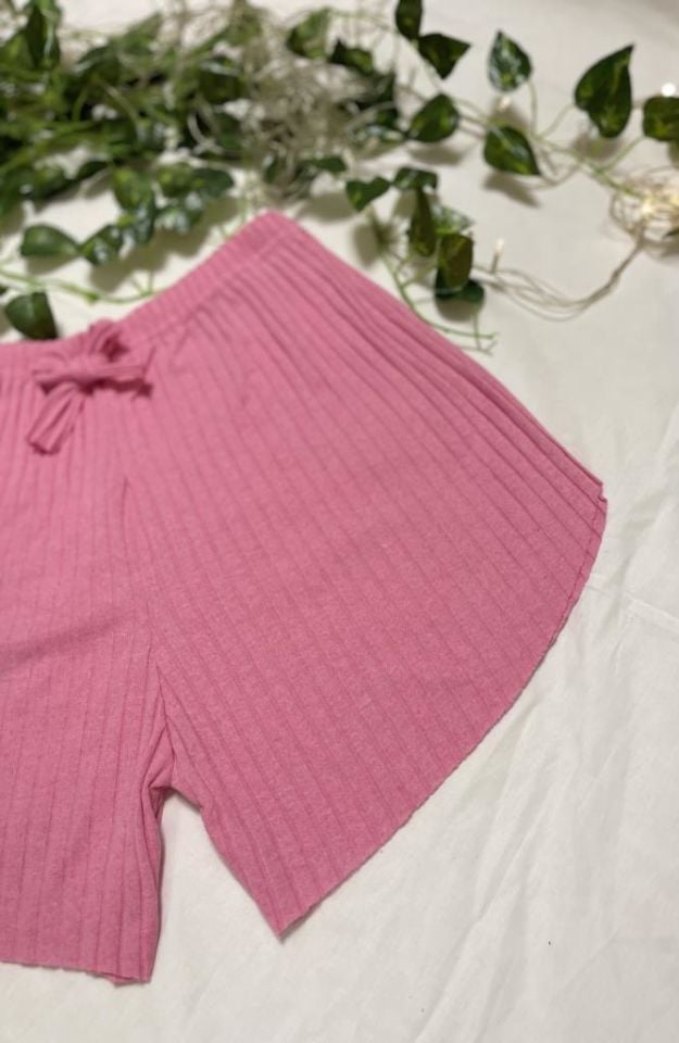 %100 Pamuk Kadın Fitilli Çizgili İnce Şort MF.Pembe - XL
