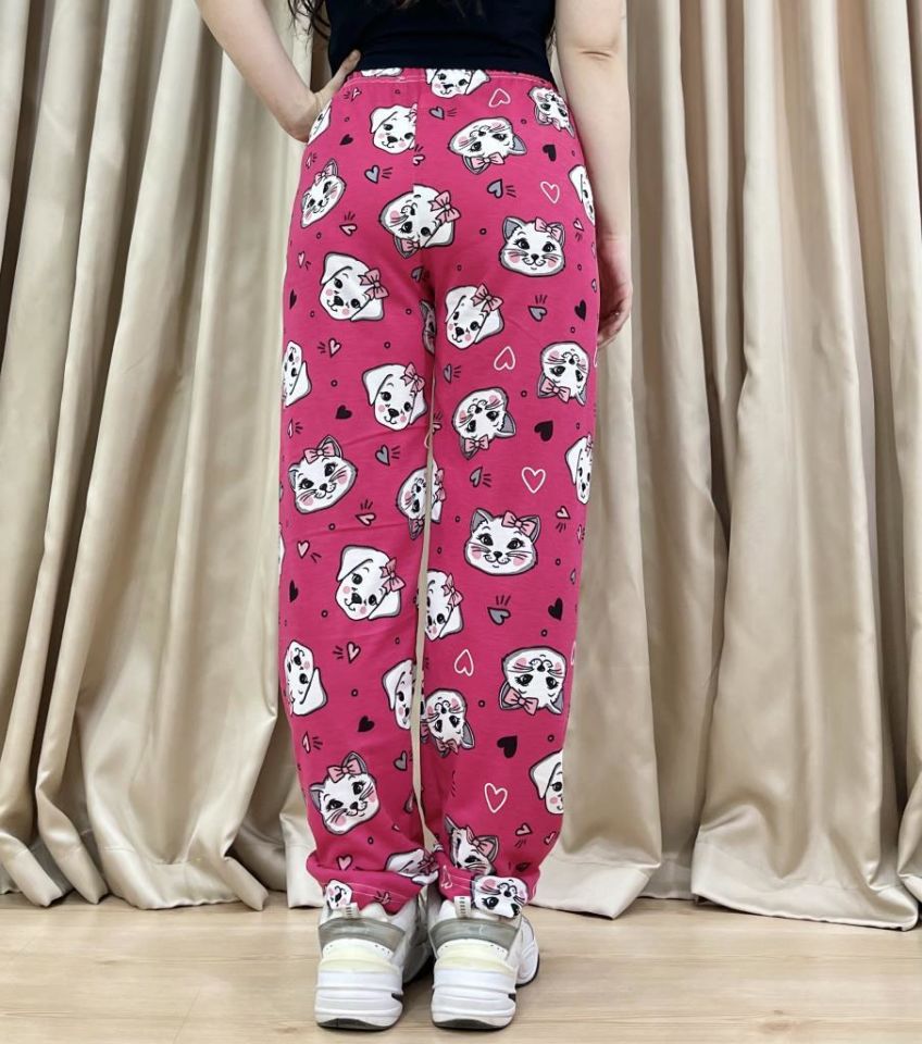 Kadın %100 Pamuk Nefes Alan Kumaş Lastikli Bel Desenli Baskılı Pijama Altı M - Fuşya Kedi Köpek
