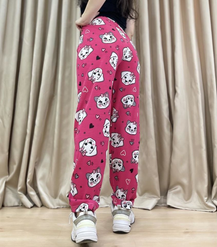 Kadın %100 Pamuk Nefes Alan Kumaş Lastikli Bel Desenli Baskılı Pijama Altı M - Fuşya Kedi Köpek