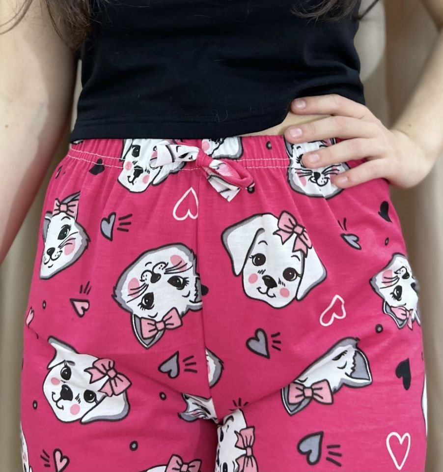 Kadın %100 Pamuk Nefes Alan Kumaş Lastikli Bel Desenli Baskılı Pijama Altı M - Fuşya Kedi Köpek