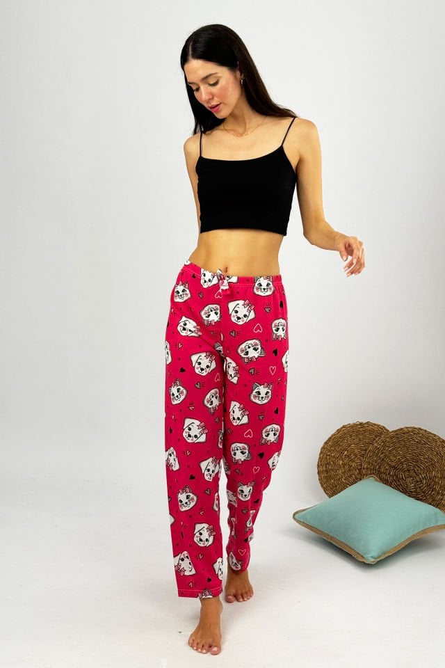 Kadın %100 Pamuk Nefes Alan Kumaş Lastikli Bel Desenli Baskılı Pijama Altı L - Fuşya Kedi Köpek