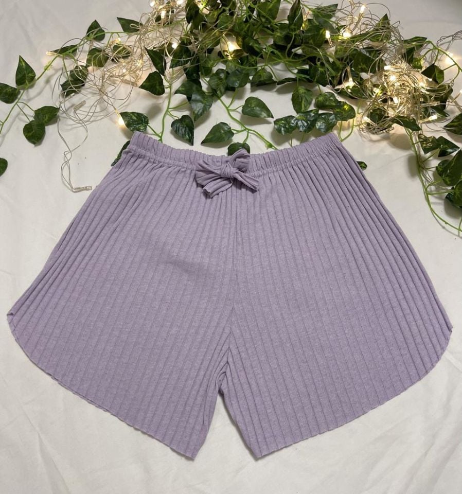 %100 Pamuk Kadın Fitilli Çizgili İnce Şort MF.Lila - M