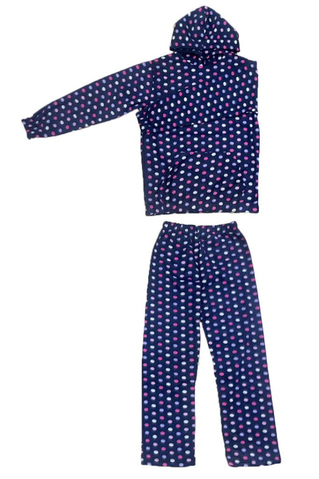 Kadın Kışlık Polar Alt-Üst Lastikli Bel Kapüşonlu Pijama Takımı Pembe Puantiye - L/XL