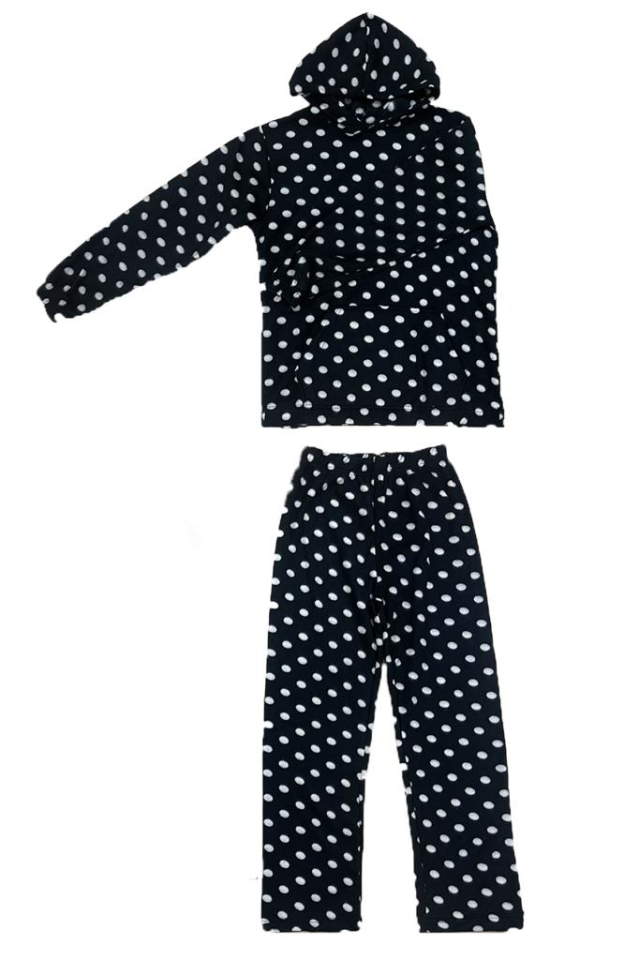 Kadın Kışlık Polar Alt-Üst Lastikli Bel Kapüşonlu Pijama Takımı Pembe Puantiye - L/XL