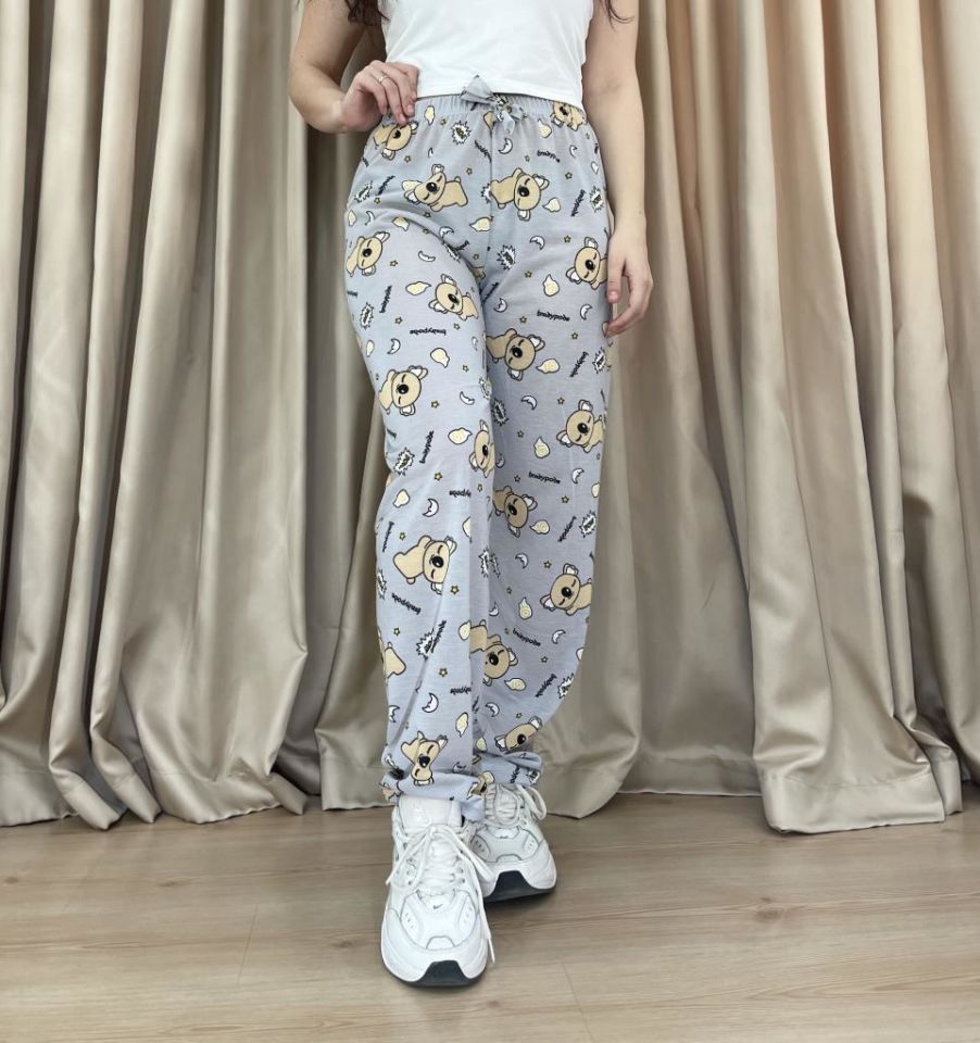 Kadın %100 Pamuk Nefes Alan Kumaş Lastikli Bel Desenli Baskılı Pijama Altı S - Gri Koala