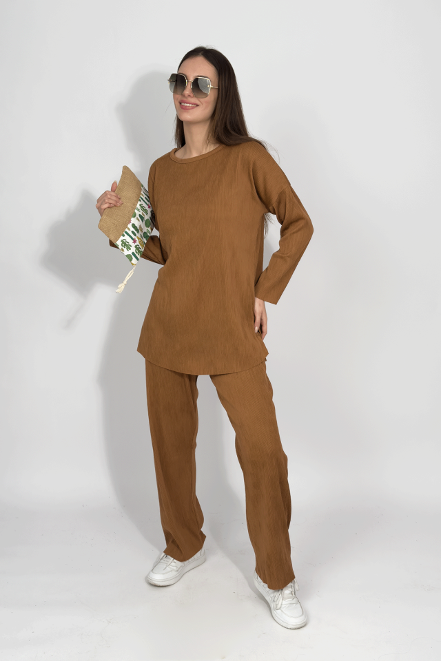 Kadın Pantolonlu Tesettür Yırtmaçlı Alt Üst İkili Takım BEJ - XL