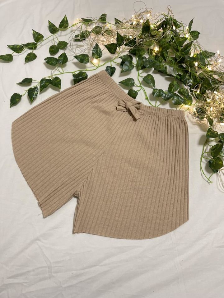 %100 Pamuk Kadın Fitilli Çizgili İnce Şort MF.Bej - S