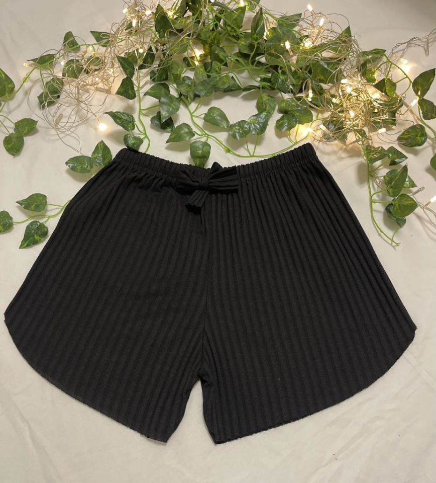 %100 Pamuk Kadın Fitilli Çizgili İnce Şort MF.Siyah - XXL