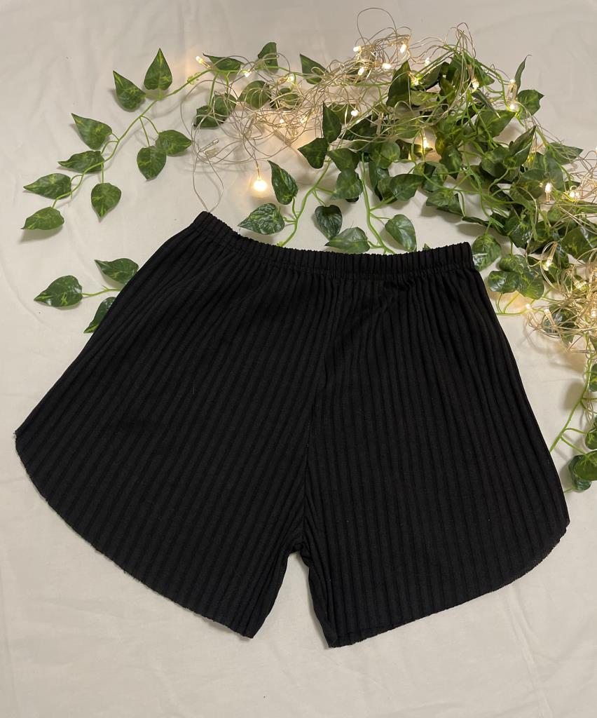 %100 Pamuk Kadın Fitilli Çizgili İnce Şort MF.Siyah - XXL