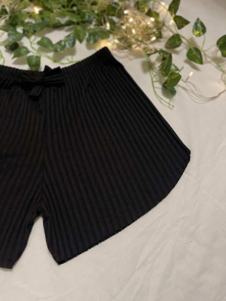 %100 Pamuk Kadın Fitilli Çizgili İnce Şort MF.Siyah - XXL