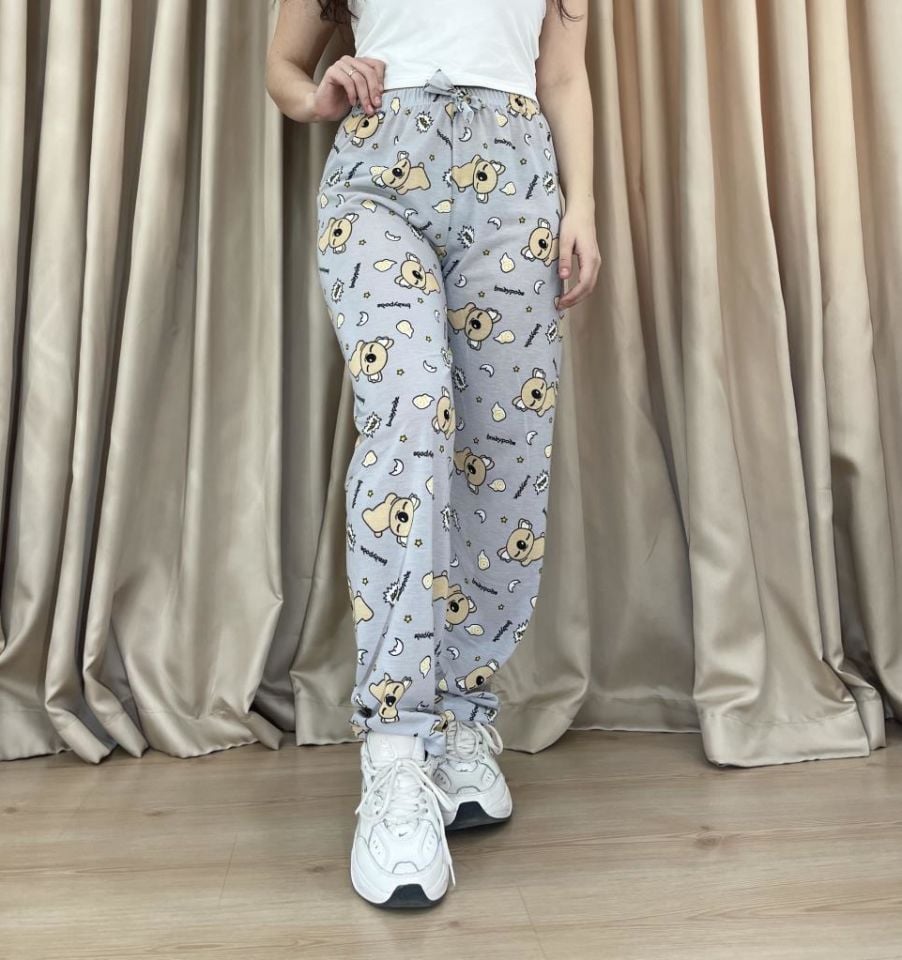 Kadın %100 Pamuk Nefes Alan Kumaş Lastikli Bel Desenli Baskılı Pijama Altı XXL - Gri Koala