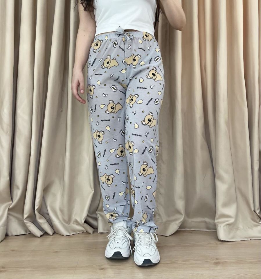 Kadın %100 Pamuk Nefes Alan Kumaş Lastikli Bel Desenli Baskılı Pijama Altı XXL - Gri Koala