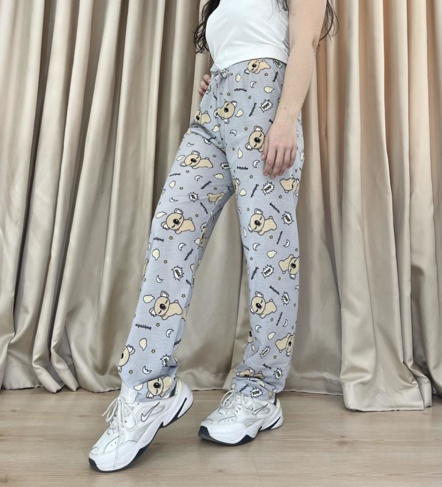 Kadın %100 Pamuk Nefes Alan Kumaş Lastikli Bel Desenli Baskılı Pijama Altı XXL - Gri Koala
