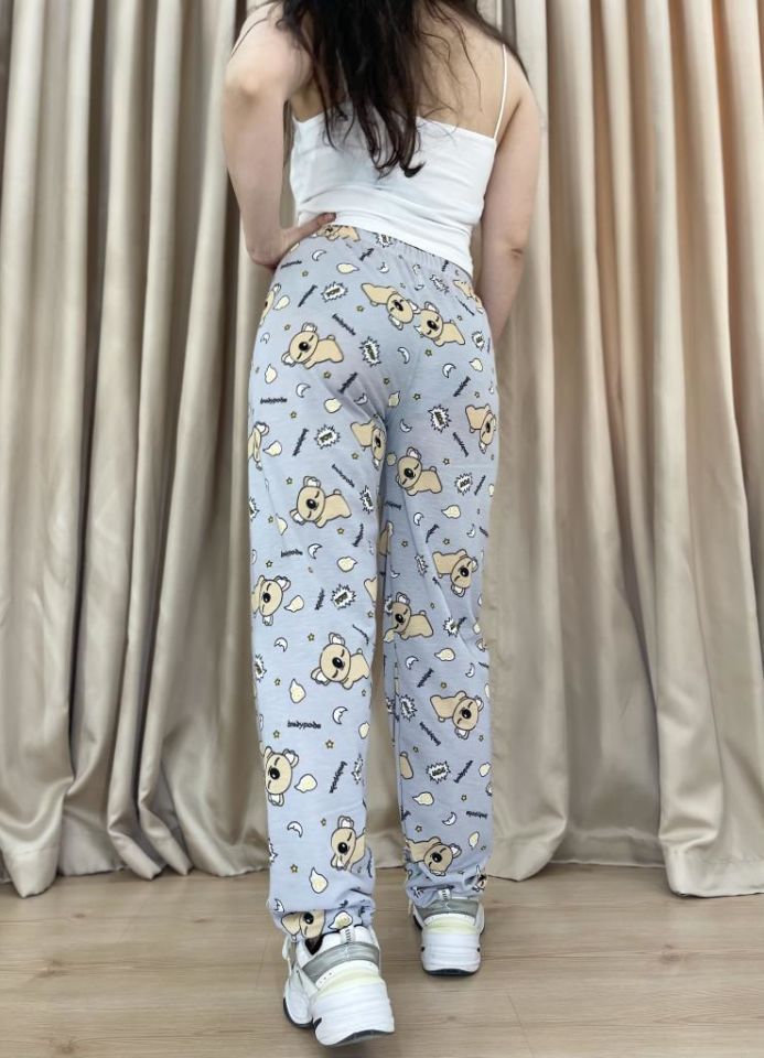 Kadın %100 Pamuk Nefes Alan Kumaş Lastikli Bel Desenli Baskılı Pijama Altı XXL - Gri Koala