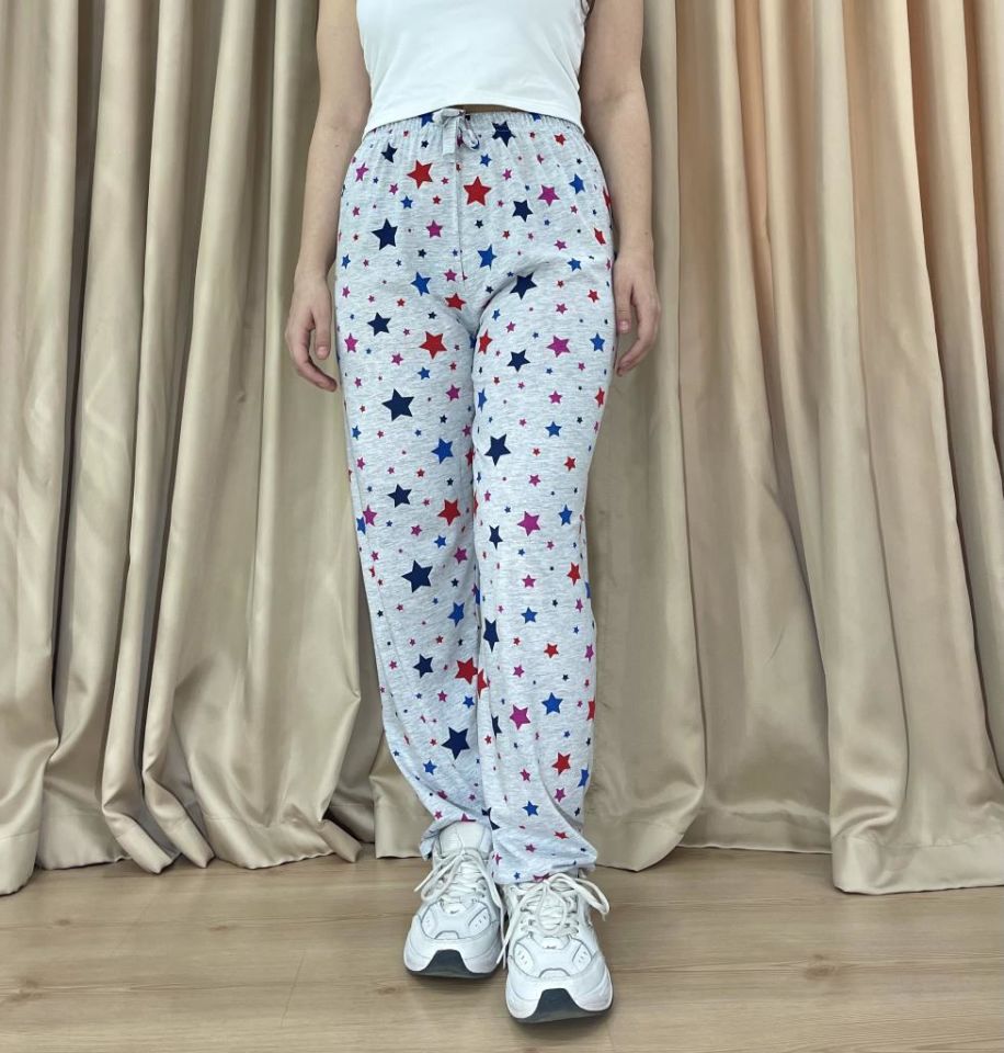 Kadın %100 Pamuk Nefes Alan Kumaş Lastikli Bel Desenli Baskılı Pijama Altı L - Gri Yıldız