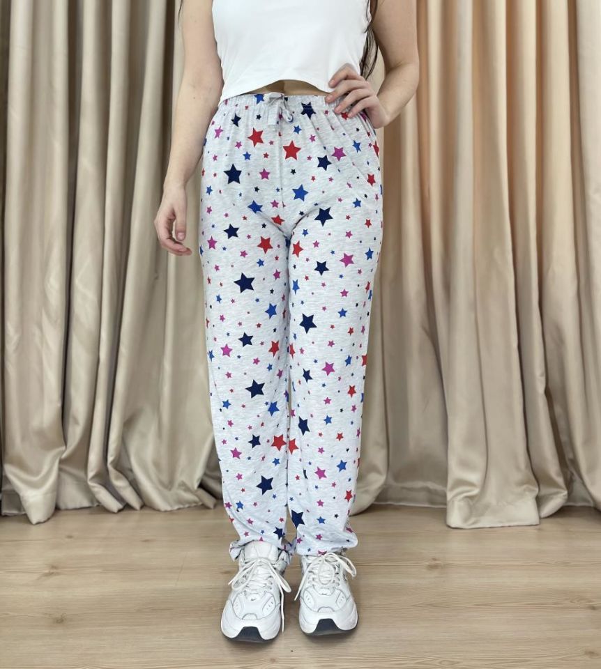 Kadın %100 Pamuk Nefes Alan Kumaş Lastikli Bel Desenli Baskılı Pijama Altı L - Gri Yıldız