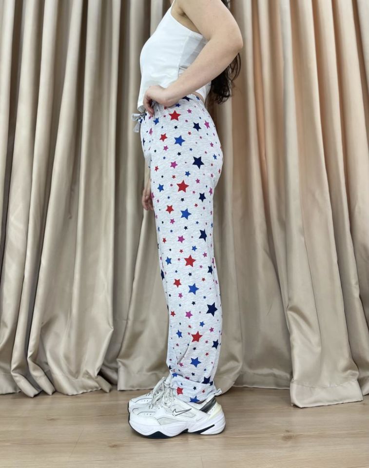 Kadın %100 Pamuk Nefes Alan Kumaş Lastikli Bel Desenli Baskılı Pijama Altı L - Gri Yıldız