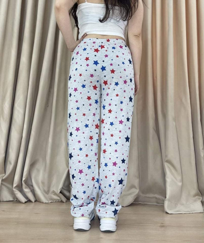 Kadın %100 Pamuk Nefes Alan Kumaş Lastikli Bel Desenli Baskılı Pijama Altı L - Gri Yıldız