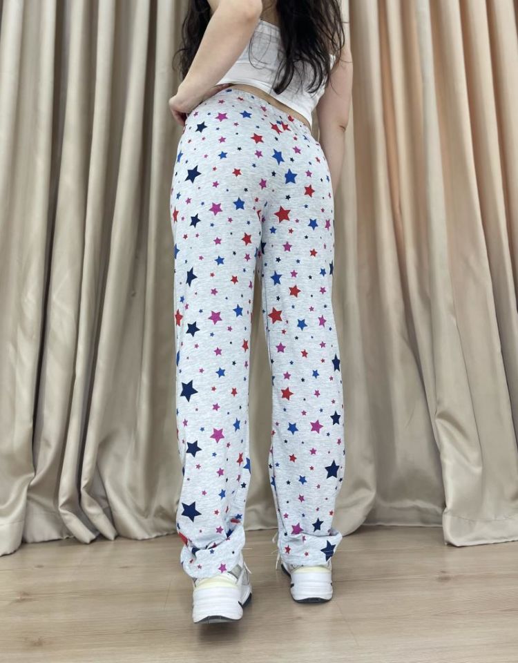 Kadın %100 Pamuk Nefes Alan Kumaş Lastikli Bel Desenli Baskılı Pijama Altı L - Gri Yıldız