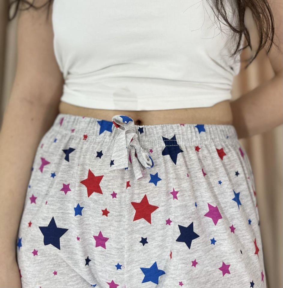 Kadın %100 Pamuk Nefes Alan Kumaş Lastikli Bel Desenli Baskılı Pijama Altı L - Gri Yıldız
